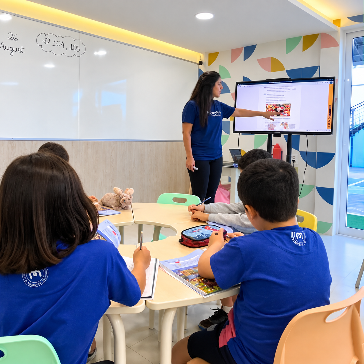 Professora conduzindo aula de inglês com alunos do UNIQ Cocó