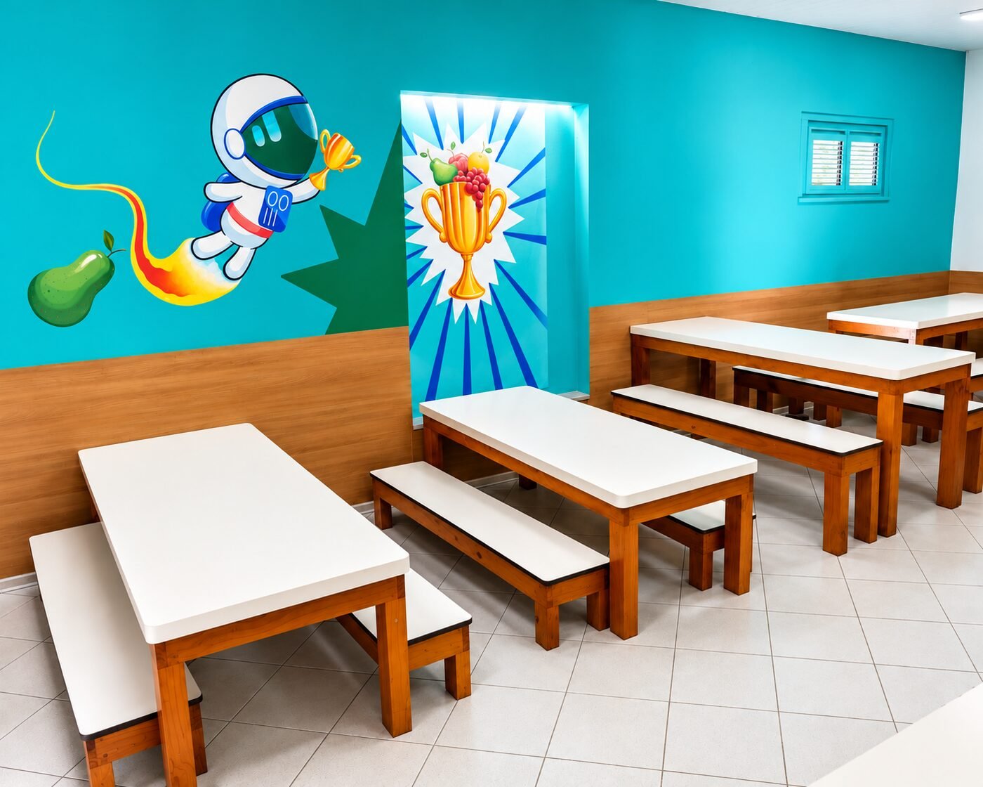 Refeitório da Educação Infantil com mural espacial