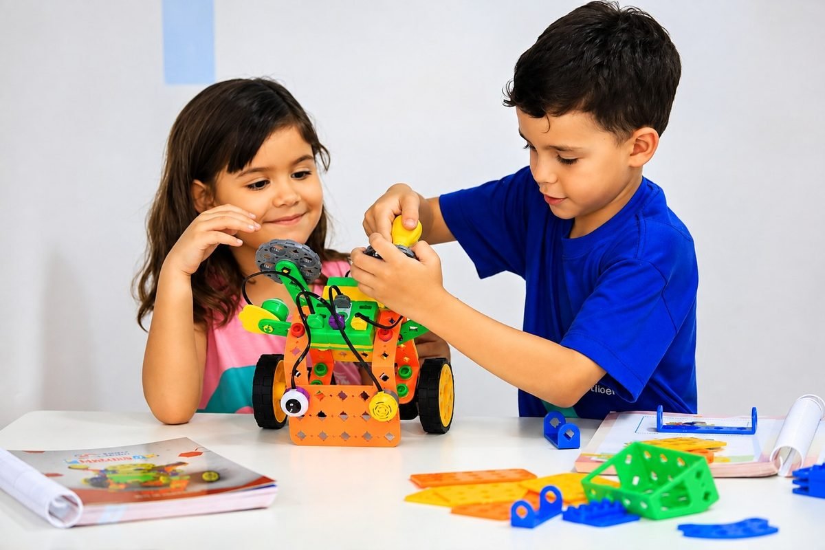 Crianças montando um projeto de robótica no Colégio UNIQ Cocó