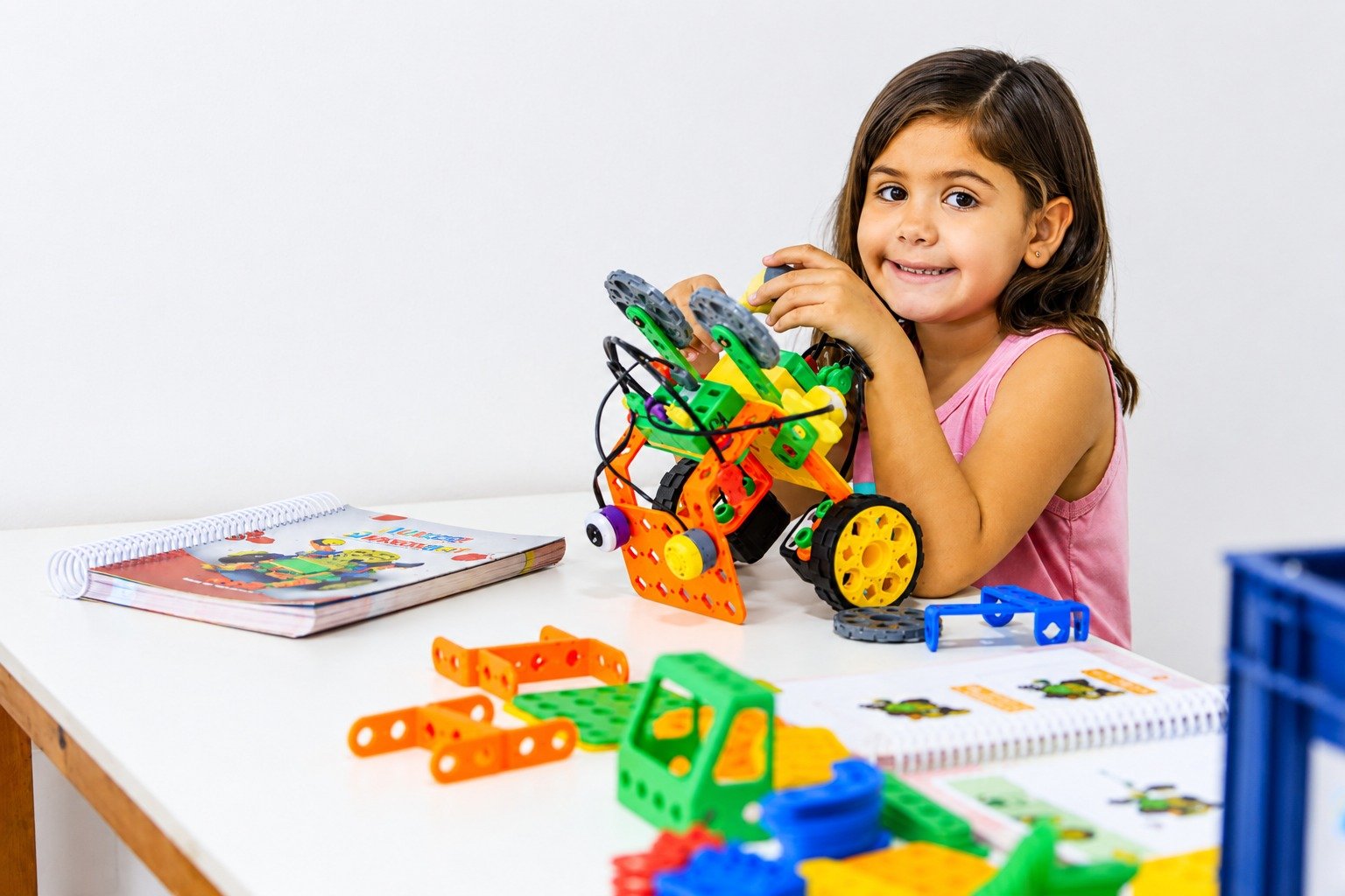 Criança com kit de robótica na mesa